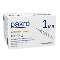 Шприцы инсулиновые "Pakro" U-100 1мл с иглой 31G (0,3х13мм) фото