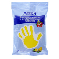 Салфетки "Aura" с лимоном влажные очищающие антибактериальные фото