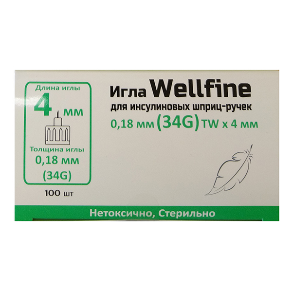 Иглы "Wellfine" для инсулиновых шприц-ручек 34G (0,18х4мм) фото