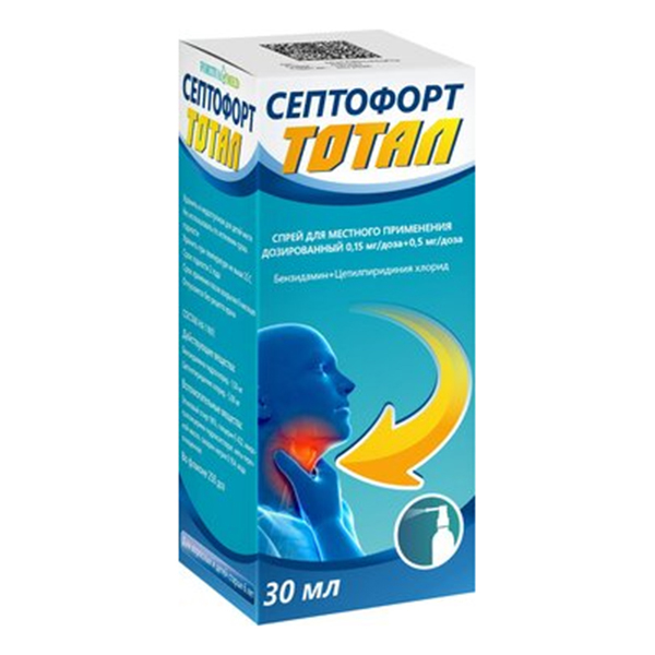 Септофорт Тотал спрей 0,15мг/доза+0,5мг/доза 30мл (250 доз) фото